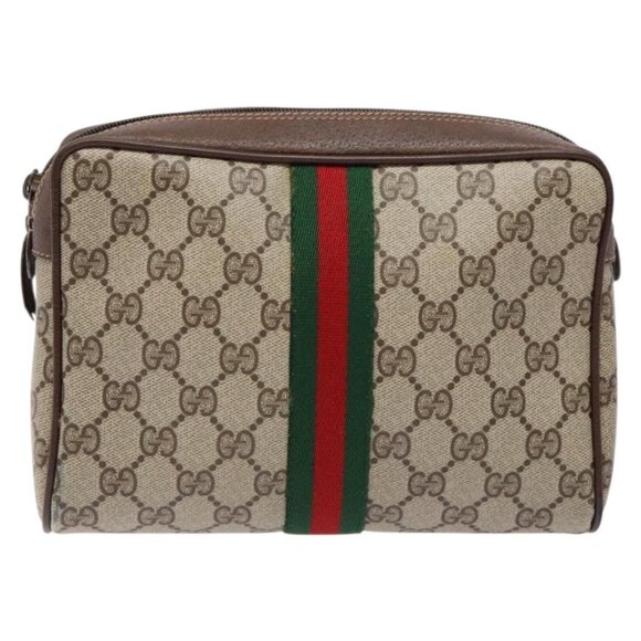 GUCCI GG Supreme Web Sherry Line Clutch Bag PVC Beige Auth - Picture 2 of 16